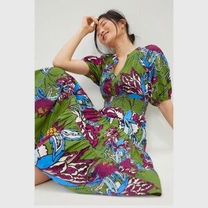 Green Floral Midi Dress with Puff Sleeves